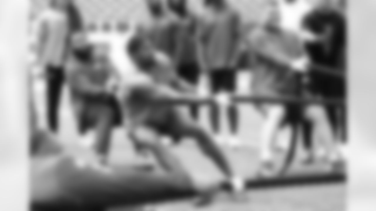 Tylan Grable, Greg Rousseau, David Edwards. Buffalo Bills players compete in a four-way tug of war during Phase Two of voluntary off-season workouts, May 19, 2025 at Highmark Stadium.