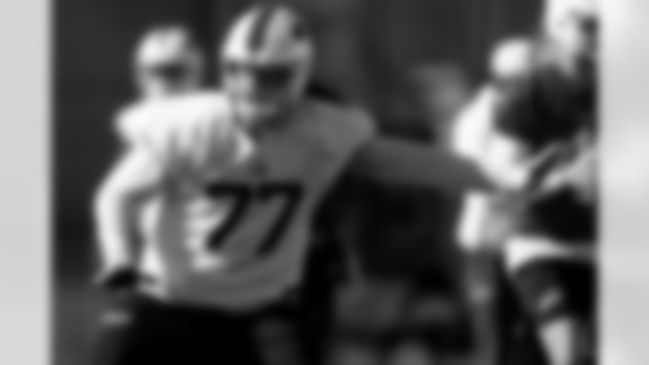 Chase Lundt (77). Buffalo Bills Week 6 Practice, October 10, 2025 at Buffalo Bills Training Center.