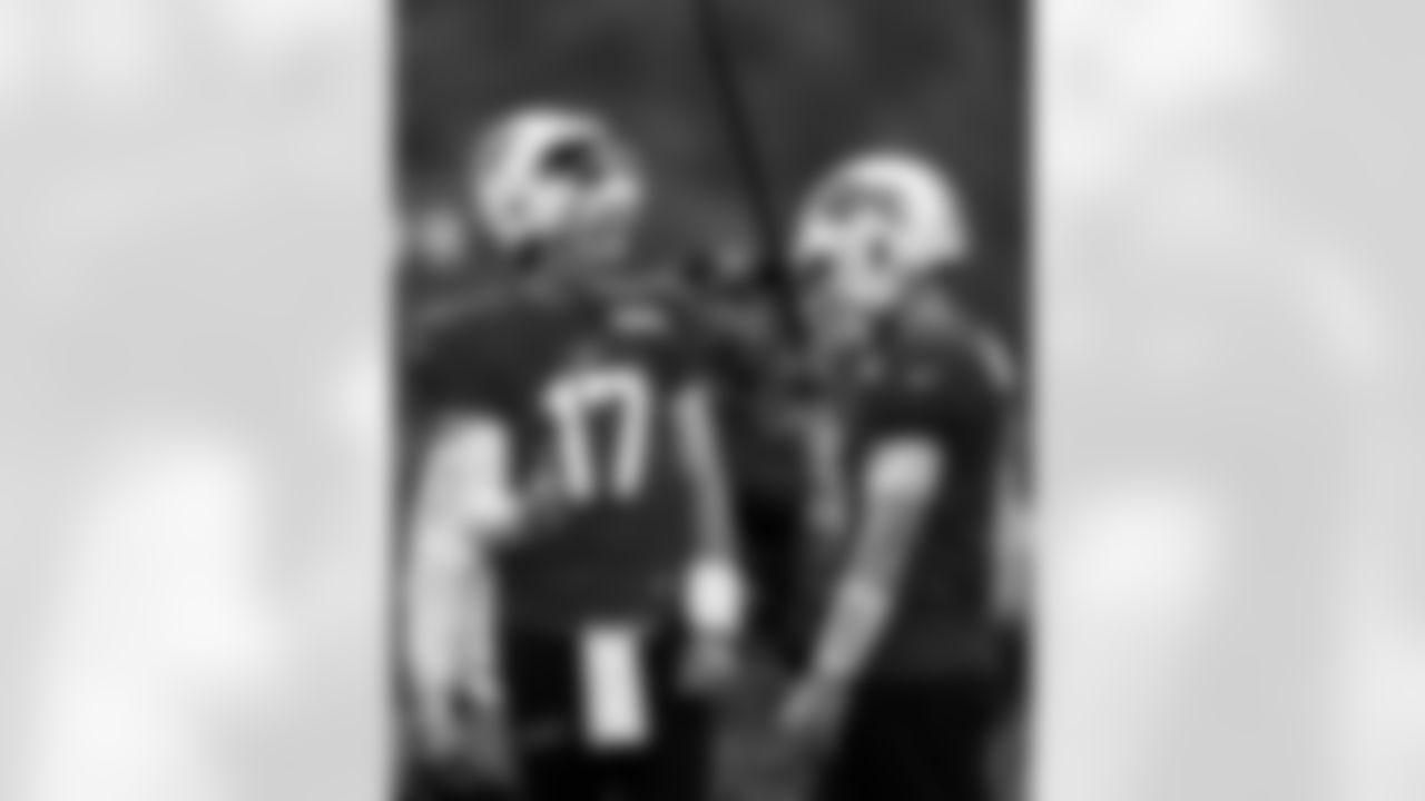 Josh Allen (17), Shane Buechele (6). Buffalo Bills Training Camp, August 20, 2025 at Buffalo Bills Training Facility.