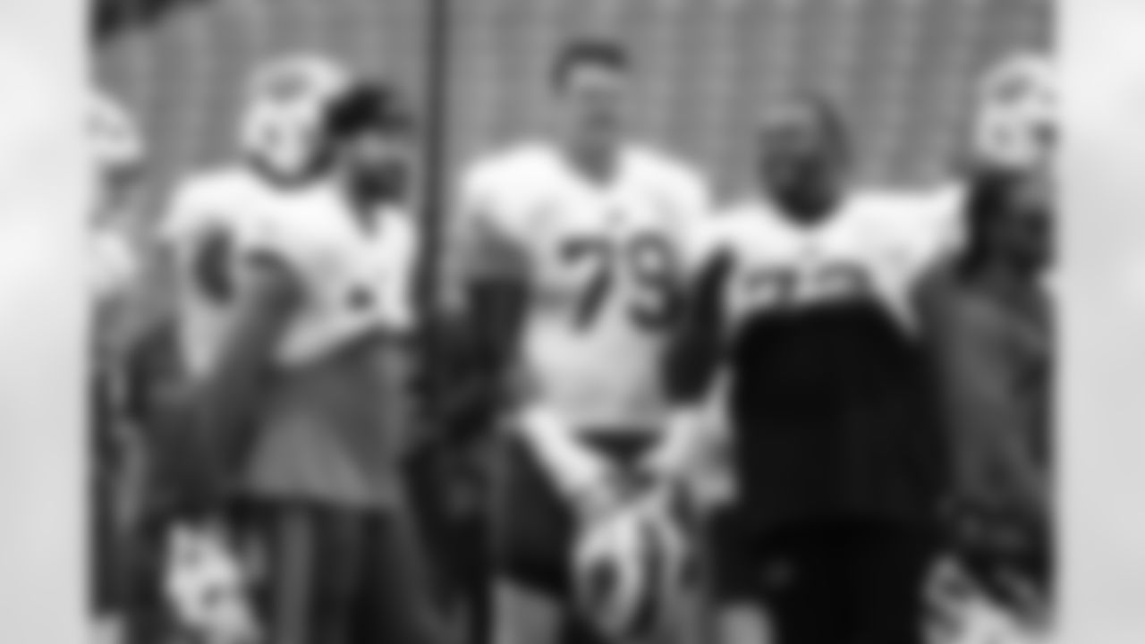 O'Cyrus Torrence (64), Dawson Knox (88), Spencer Brown (79), Dion Dawkins (73). Buffalo Bills Training Camp, August 21, 2025 at Buffalo Bills Training Facility.