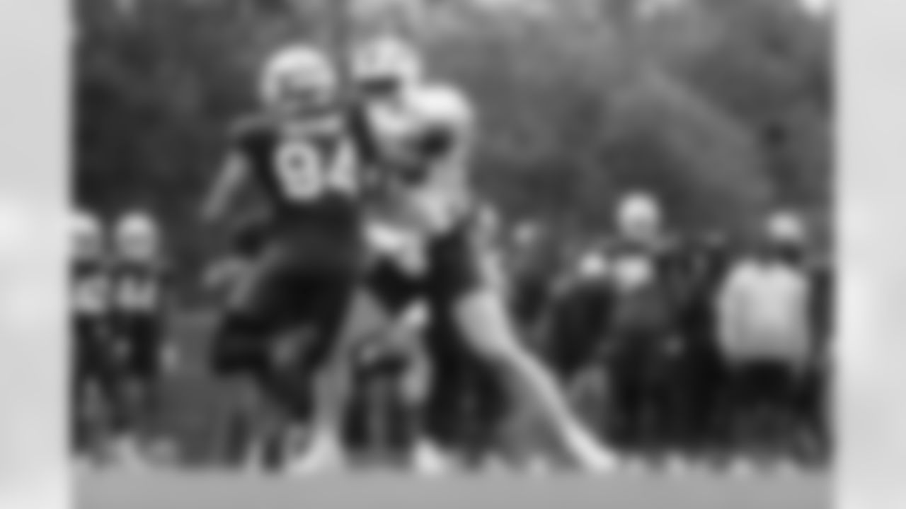 Spencer Brown (79), Landon Jackson (94). Buffalo Bills Training Camp, August 13, 2025 at Buffalo Bills Training Facility.