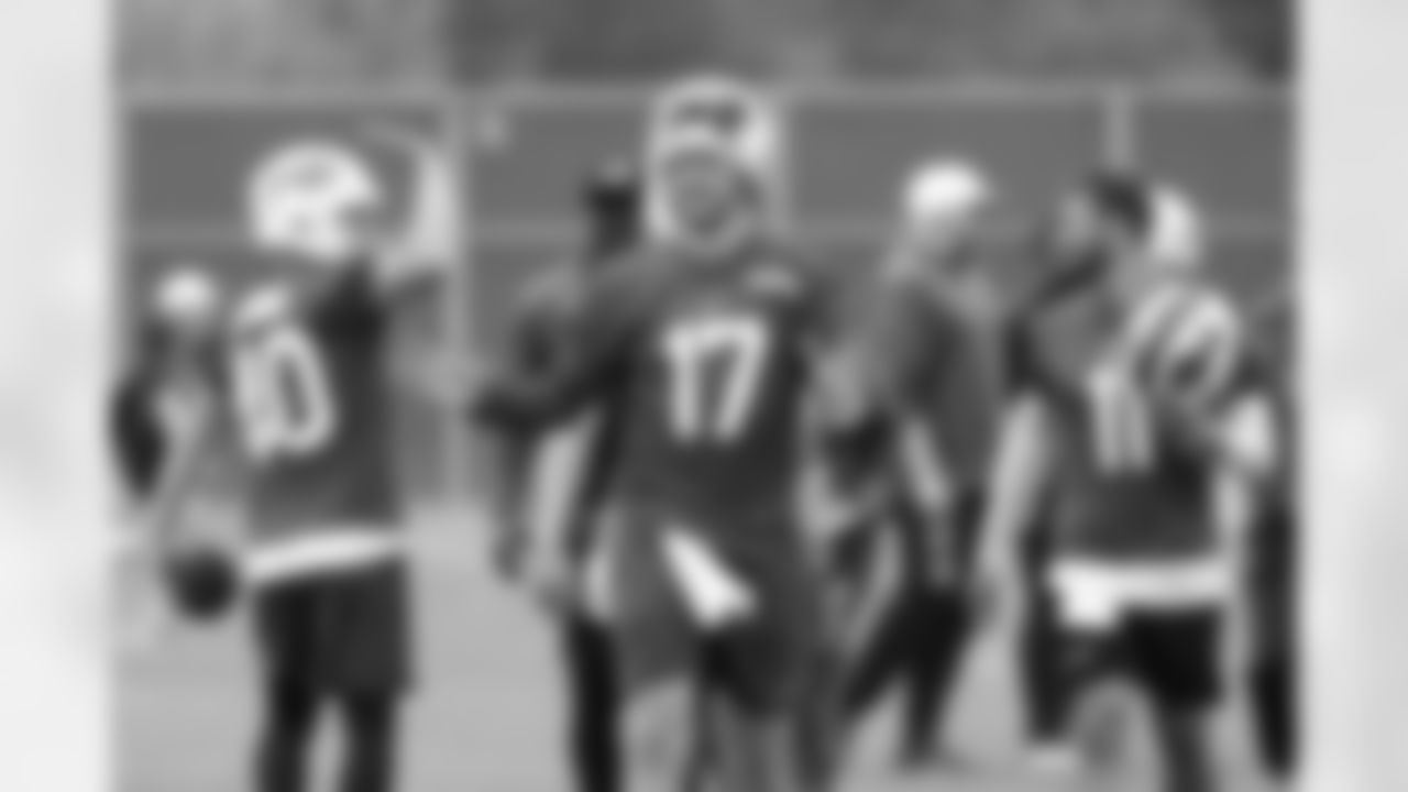 Brad Robbins (40), Josh Allen (17), Mitchell Trubisky (11). Buffalo Bills OTA workouts, May 27, 2025 at the Buffalo Bills Training Center.