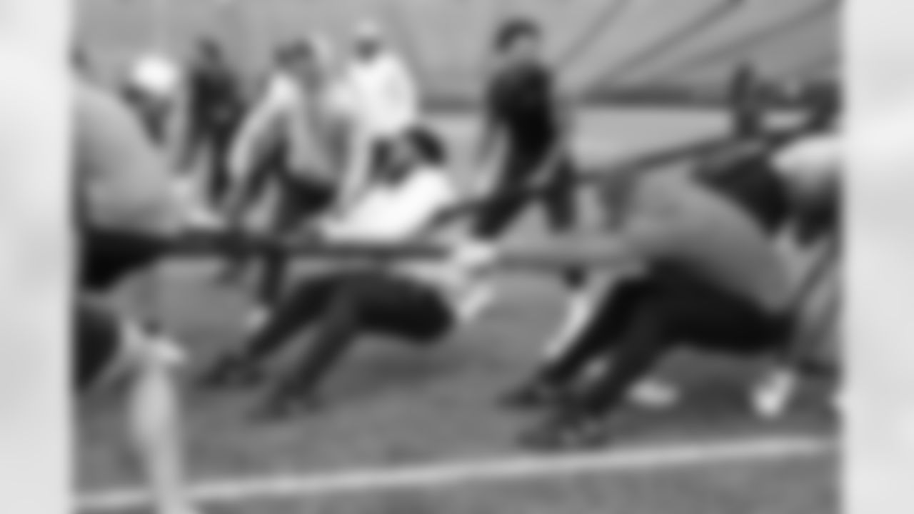 Jalen Virgil, Cole Bishop, Reggie Gilliam, Khalil Shakir, Joey Bosa. Buffalo Bills players compete in a four-way tug of war during Phase Two of voluntary off-season workouts, May 19, 2025 at Highmark Stadium.