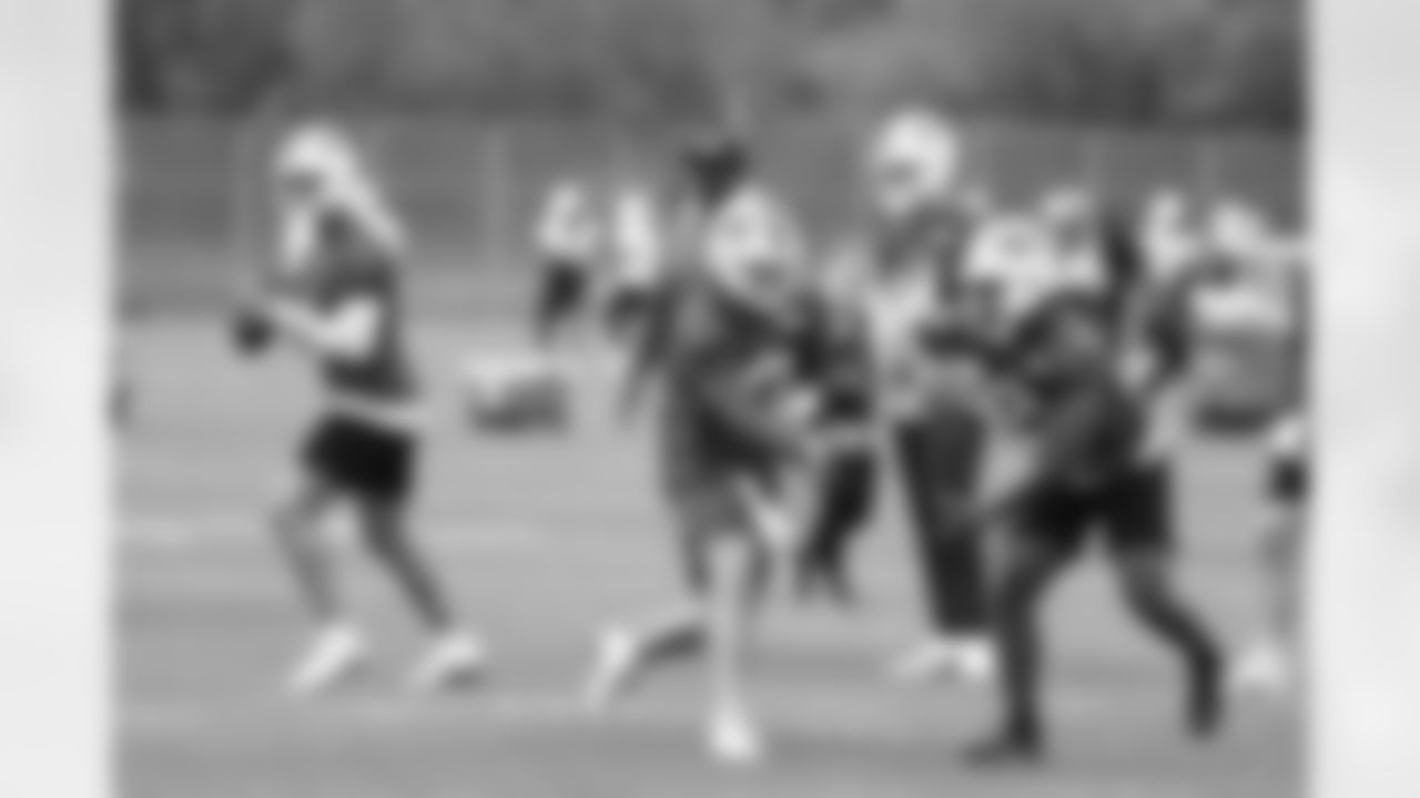 Mitchell Trubisky (11), Josh Allen (17), Darrynton Evans (21). Buffalo Bills OTA workouts, May 27, 2025 at the Buffalo Bills Training Center.