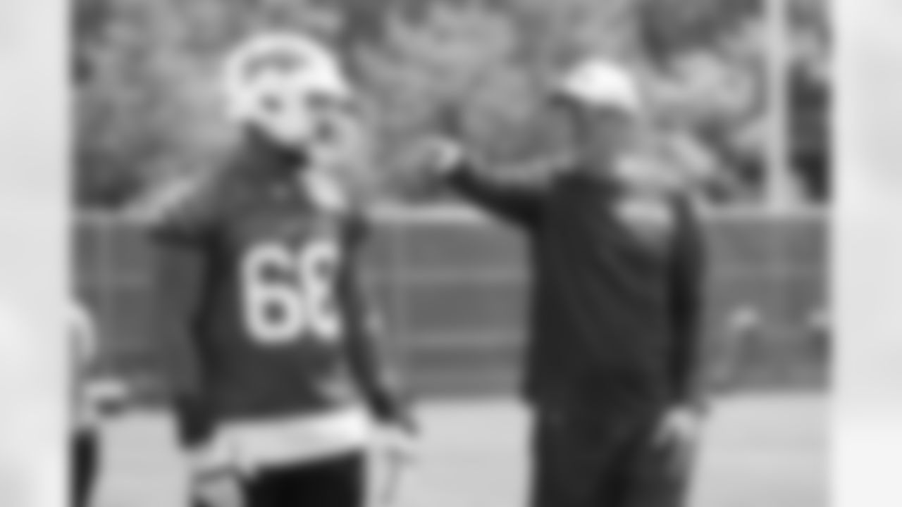 Tylan Grable (68), Aaron Kromer. Buffalo Bills Mandatory Minicamp, June 11, 2025 at the Buffalo Bills Training Center.