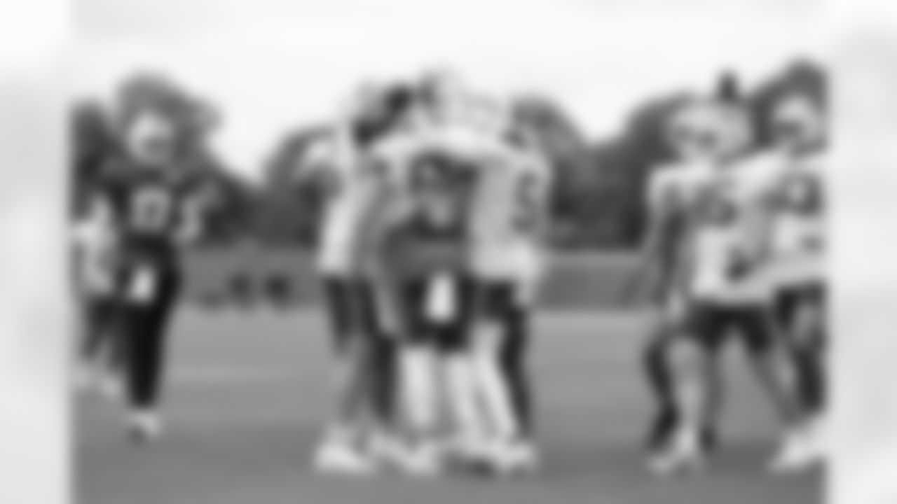 Dawson Knox (88), Joshua Palmer (5), Dalton Kincaid (86), Josh Allen (17), Jackson Hawes (85). Buffalo Bills Training Camp, August 13, 2025 at Buffalo Bills Training Facility.