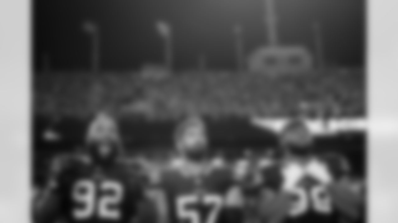 DaQuan Jones (92), A.J. Epenesa (57), T.J. Sanders (98). Buffalo Bills vs Miami Dolphins, Regular Season, September 18, 2025 at Highmark Stadium.