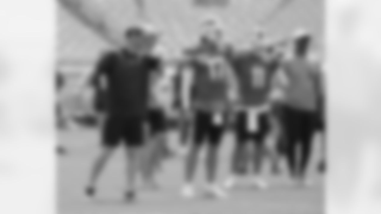 Joe Brady, Kyle Shurmur, Josh Allen (17), Mitchell Trubisky (11), Ronald Curry. Buffalo Bills Practice, August 15, 2024 at Acrisure Stadium.