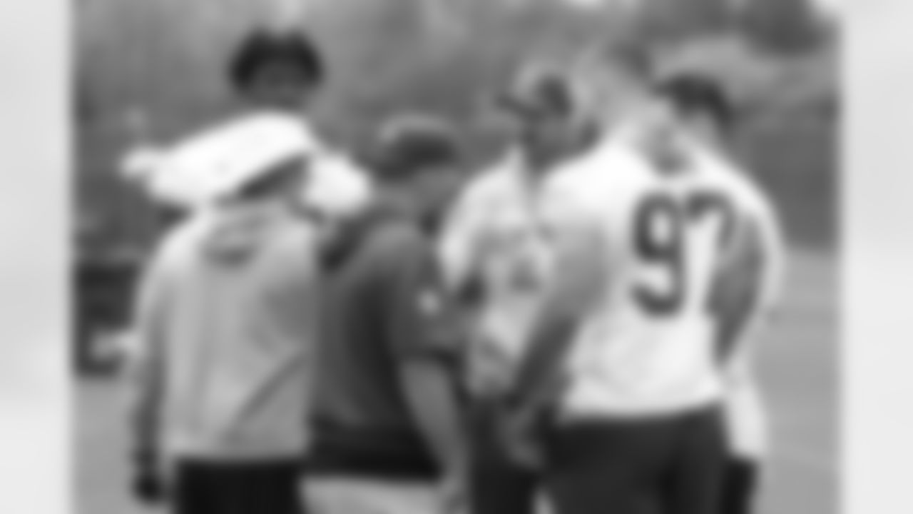 Sean McDermott, Bobby Babich, Greg Rousseau (50), Ryan Nielsen, Joey Bosa (97). Buffalo Bills Mandatory Minicamp, June 12, 2025 at the Buffalo Bills Training Center.