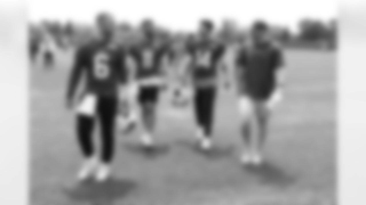 Shane Buechele (6), Mitchell Trubisky (11), Mike White (14), Joe Brady. Buffalo Bills OTA workouts, June 03, 2025 at the Buffalo Bills Training Center.