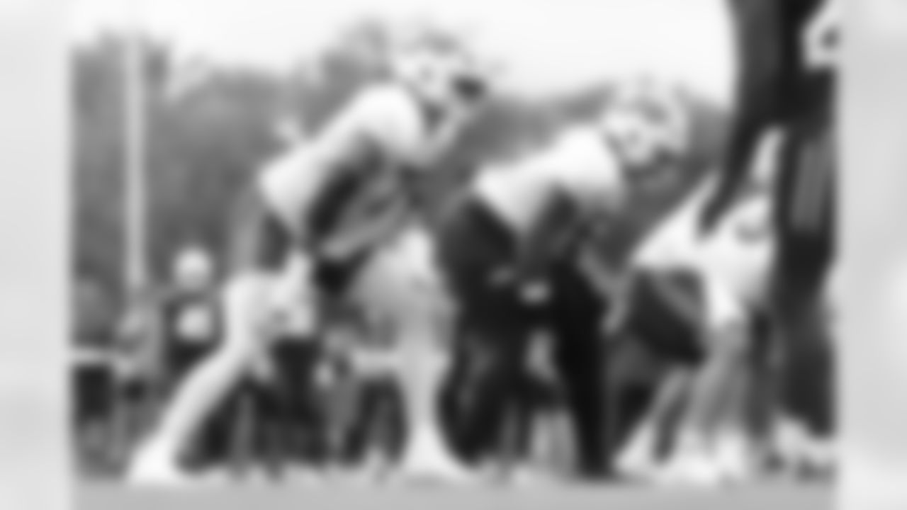 Spencer Brown (79), O'Cyrus Torrence (64). Buffalo Bills Training Camp, August 13, 2025 at Buffalo Bills Training Facility.