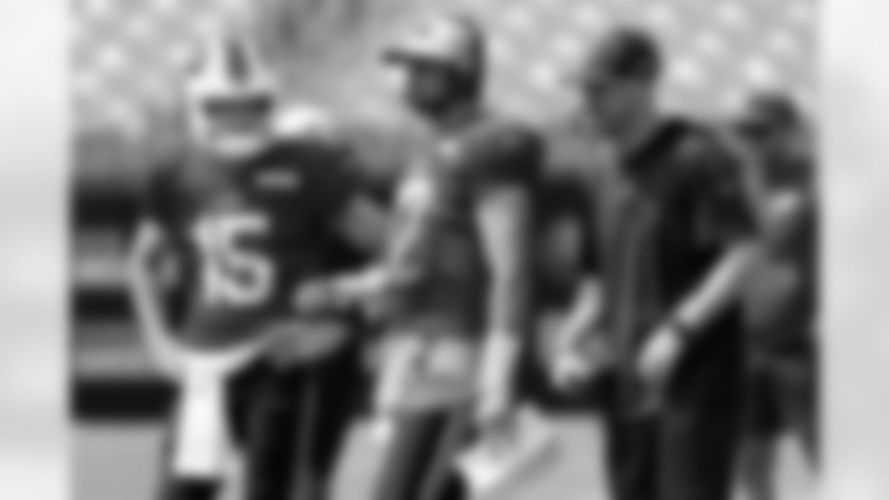 Ben DiNucci (15), Josh Allen (17) and Joe Brady. Buffalo Bills practice, August 15, 2024 at Acrisure Stadium