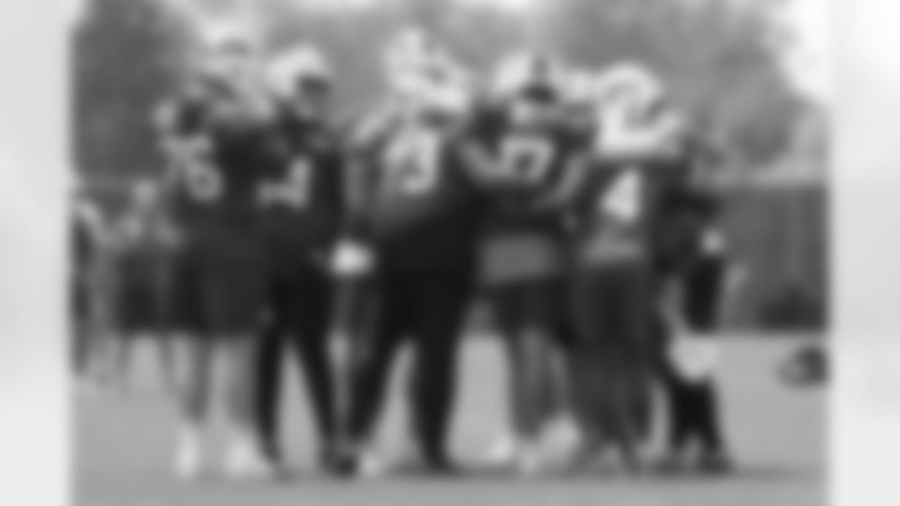 David Edwards (76), O'Cyrus Torrence (64), Dion Dawkins (73), Josh Allen (17), James Cook (4), Joe Brady. Buffalo Bills Mandatory Minicamp, June 12, 2025 at the Buffalo Bills Training Center.