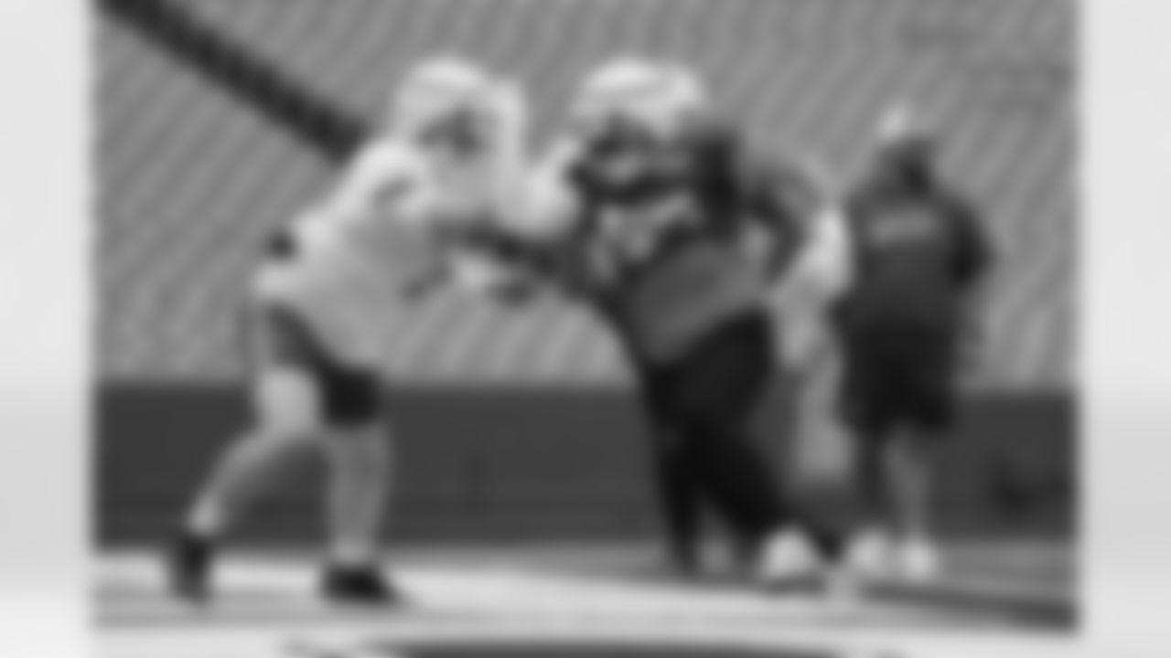 Chase Lundt (77), Michael Hoecht (55). Buffalo Bills Training Camp, August 21, 2025 at Buffalo Bills Training Facility.