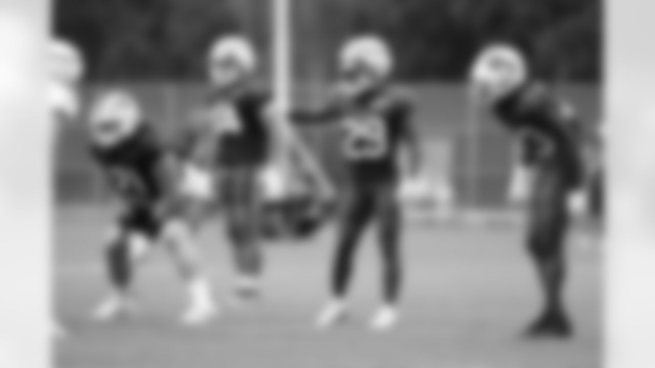 Casey Rogers (71), Brandon Codrington (29), Dorian Strong (43). Buffalo Bills Training Camp, August 13, 2025 at Buffalo Bills Training Facility.