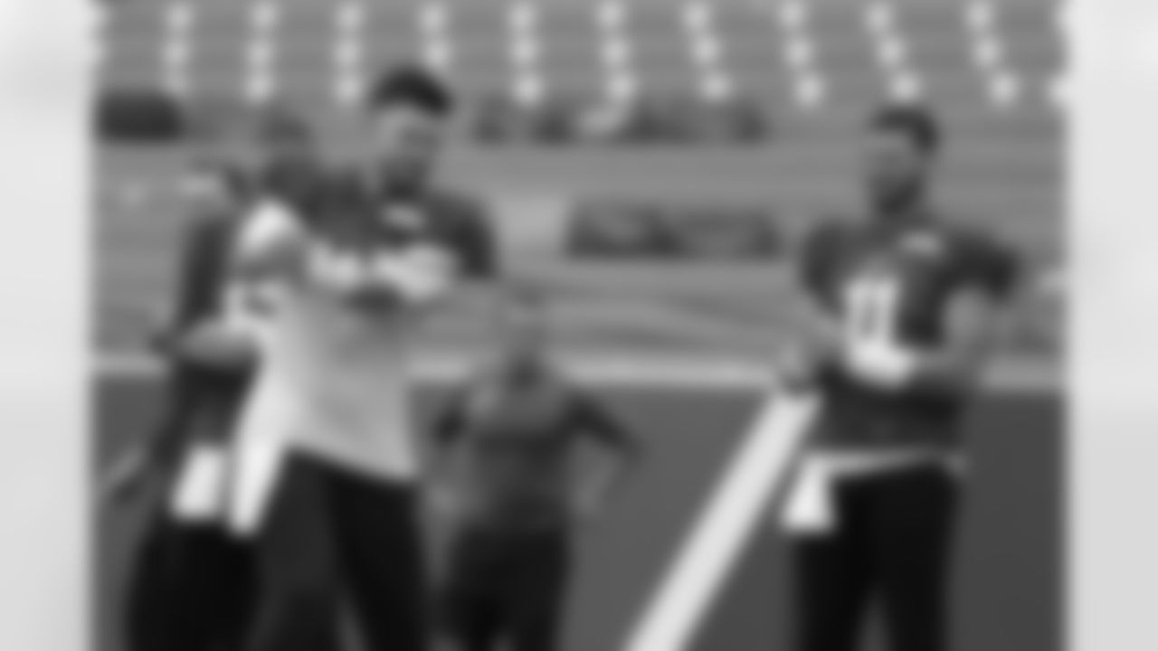 Mike White (14), Mitchell Trubisky (11). Buffalo Bills Training Camp, August 21, 2025 at Buffalo Bills Training Facility.