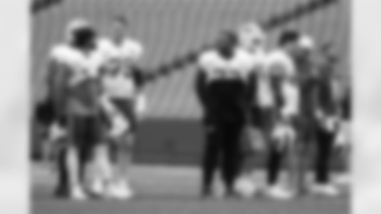 Dawson Knox (88), Spencer Brown (79), Dion Dawkins (73). Buffalo Bills Training Camp, August 21, 2025 at Buffalo Bills Training Facility.