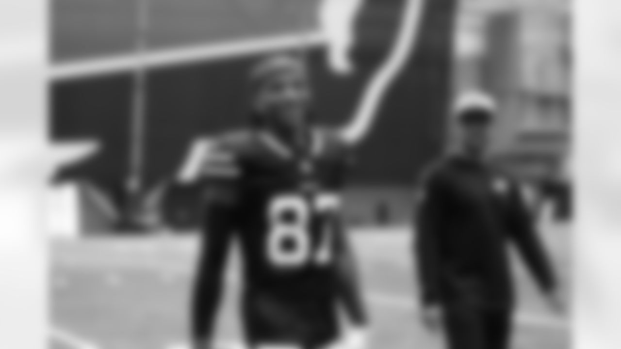 Kelly Akharaiyi (87). Buffalo Bills Rookie Media Day, May 08, 2025 at the Buffalo Bills Training Center.