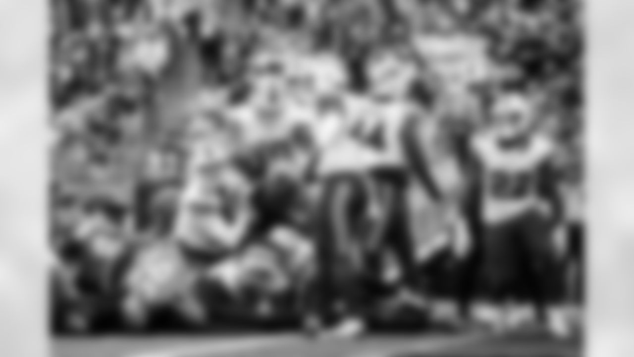 O'Cyrus Torrence (64), Josh Allen (17), Ray Davis (22), Reggie Gilliam (41). Carolina Panthers vs Buffalo Bills, Regular Season, October 26, 2025 at Bank of America Stadium.