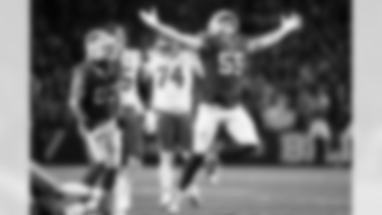 Michael Hoecht (55), Joey Bosa (97). Buffalo Bills vs Kansas City Chiefs, Regular Season, November 02, 2025 at Highmark Stadium.