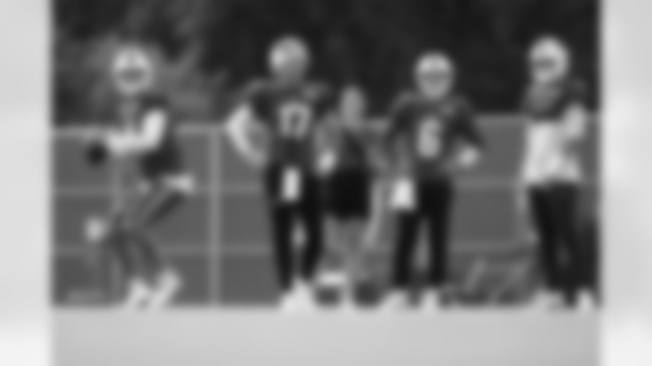 Josh Allen (17), Mitchell Trubisky (11), Shane Buechele (6). Buffalo Bills Training Camp, August 13, 2025 at Buffalo Bills Training Facility.