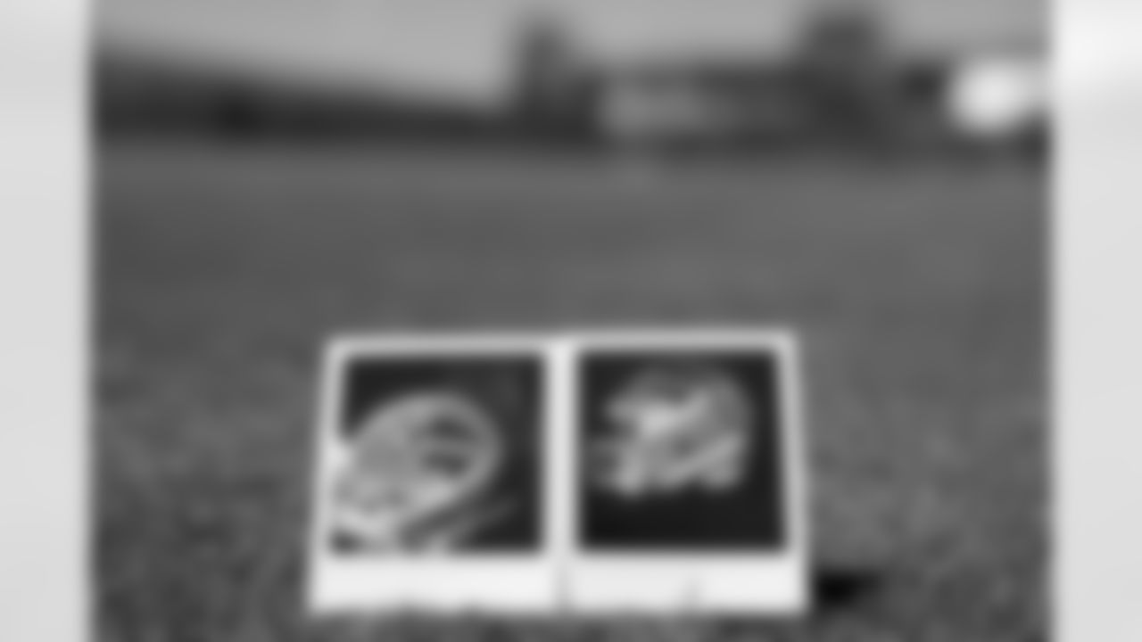 Buffalo Bills vintage red helmet lawn sign, July 16, 2025 at at the Buffalo Bills Training Center.