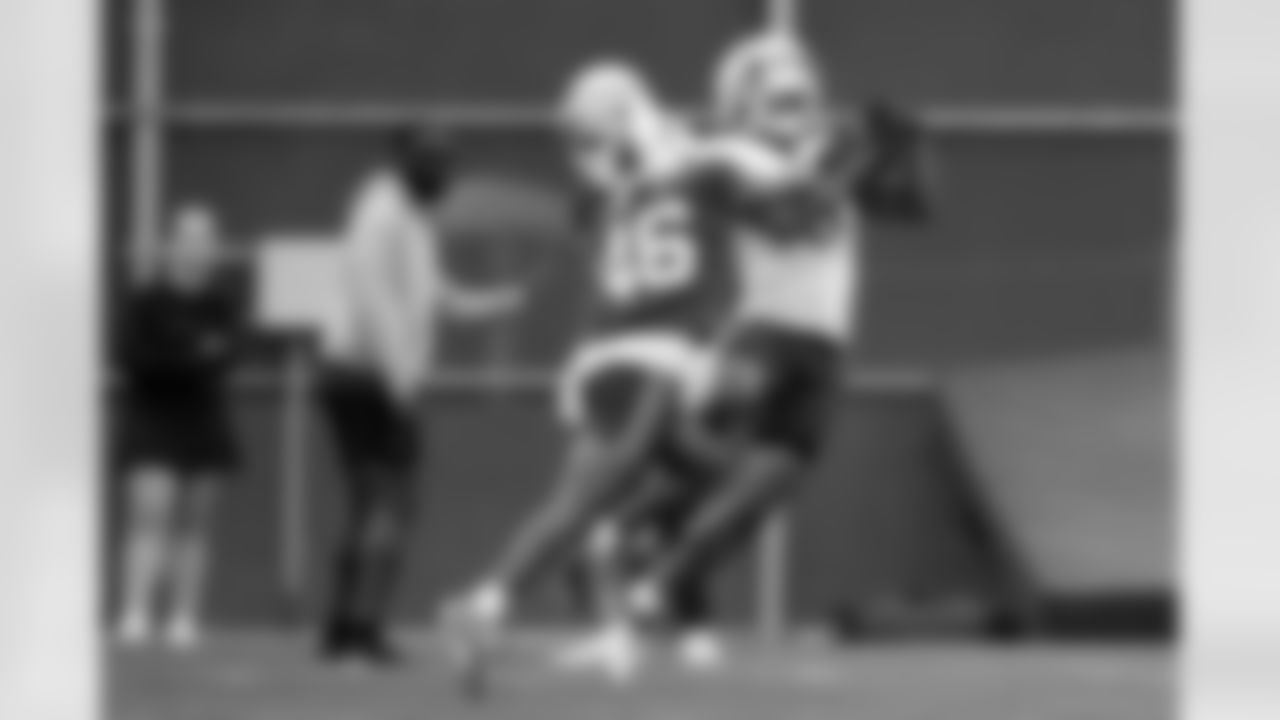 Ja'Marcus Ingram (46), Keon Coleman (0). Buffalo Bills Training Camp, August 20, 2025 at Buffalo Bills Training Facility.
