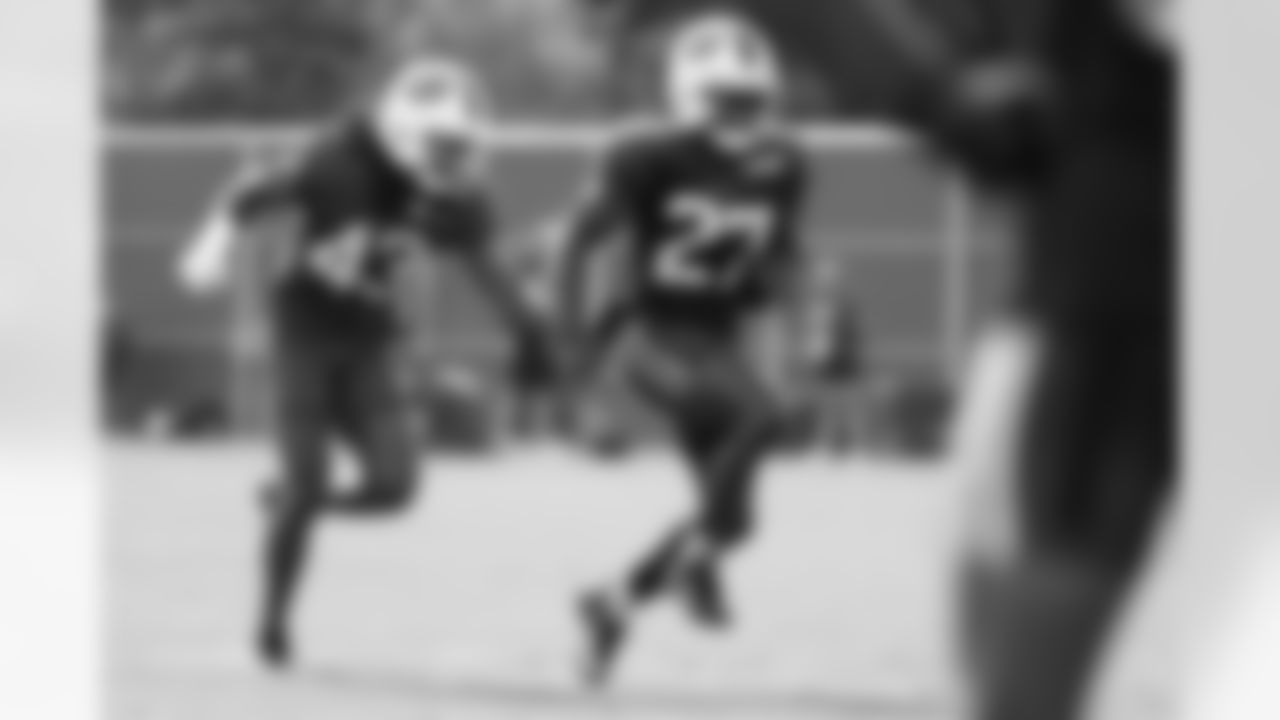 Dorian Strong (43), Tre'Davious White (27). Buffalo Bills Training Camp, August 13, 2025 at Buffalo Bills Training Facility.