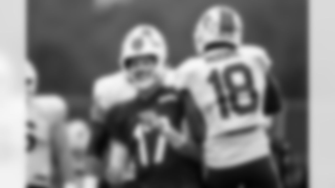 Elijah Moore (18), Josh Allen (17). Buffalo Bills Training Camp, August 20, 2025 at Buffalo Bills Training Facility.