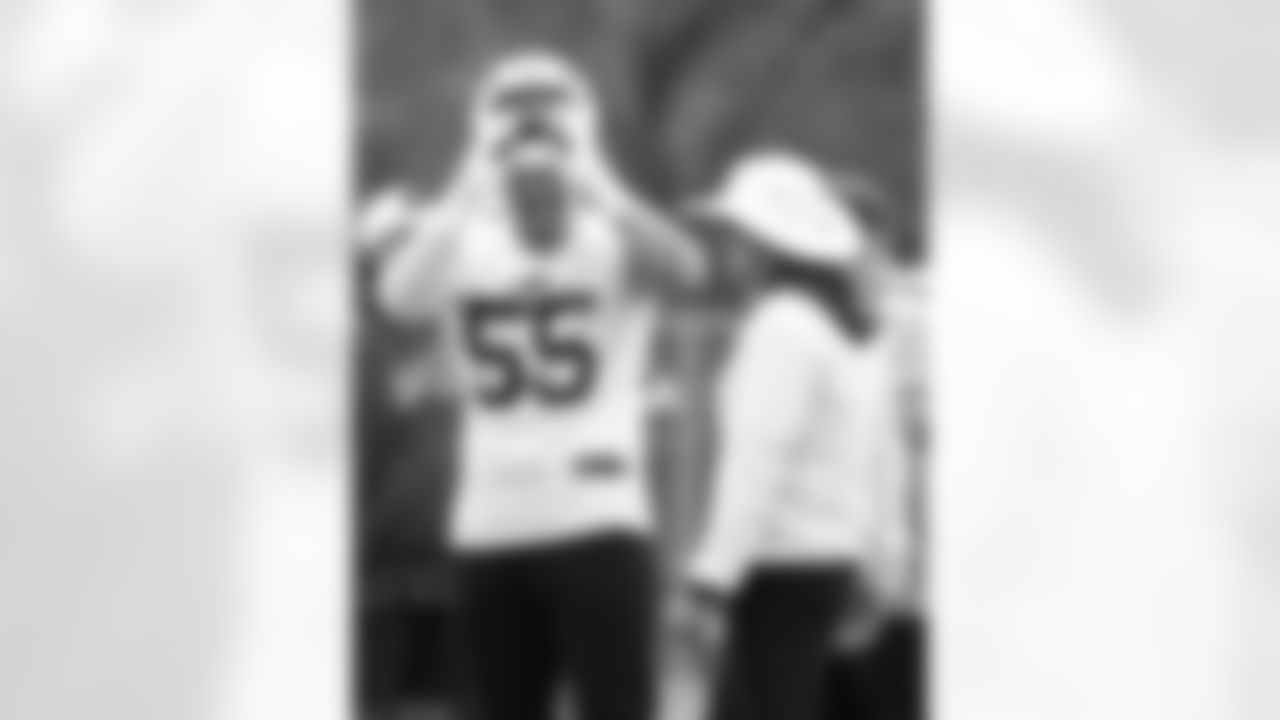 Michael Hoecht (55), Sean McDermott. Buffalo Bills OTA workouts, May 27, 2025 at the Buffalo Bills Training Center.