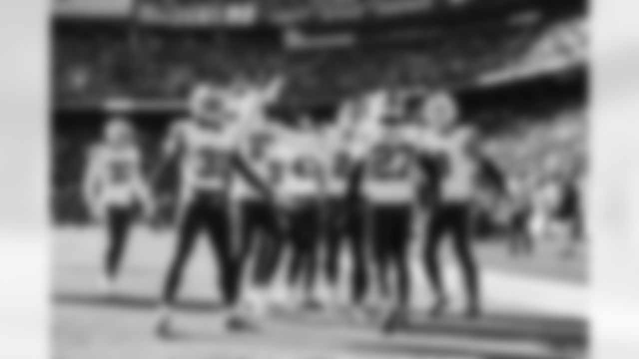 Tre'Davious White (27), Maxwell Hairston (31), Terrel Bernard (8), Jordan Poyer (21), Sam Franklin Jr. (28), Cam Lewis (39), Christian Benford (47). Cleveland Browns vs Buffalo Bills, Regular Season, December 21, 2025 at Huntington Bank Field.