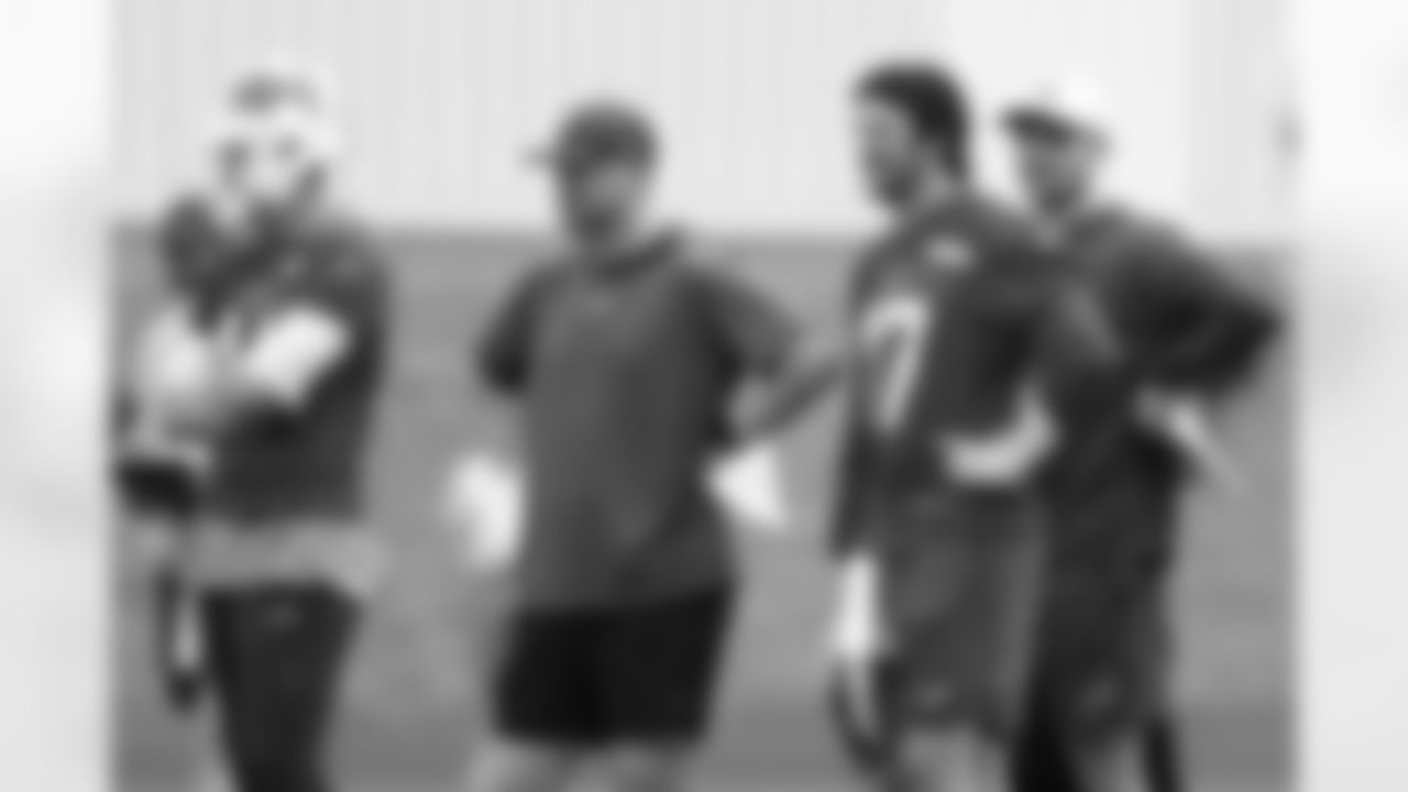 Mike White (14), Joe Brady, Josh Allen (17), Kyle Shurmur. Buffalo Bills OTA workouts, May 27, 2025 at the Buffalo Bills Training Center.
