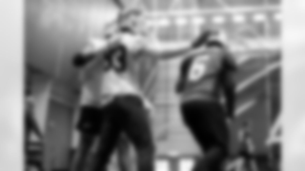 Keleki Latu (83), Shane Buechele (6). Buffalo Bills Week 15 Practice, December 12, 2025 at Buffalo Bills Training Center.