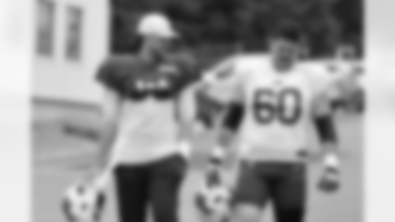 Mike White (14), Dan Feeney (60). Buffalo Bills Training Camp, August 21, 2025 at Buffalo Bills Training Facility.