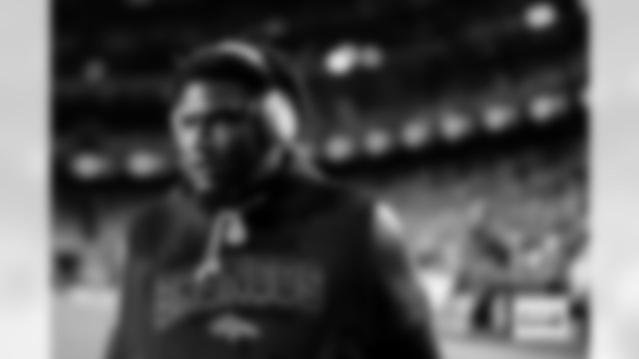 Malcolm Roach looks on before the Broncos' Week 13 game against the Washington Commanders at Northwest Stadium in Landover, Maryland on November 30, 2025. Photo by Ben Swanson / Denver Broncos
