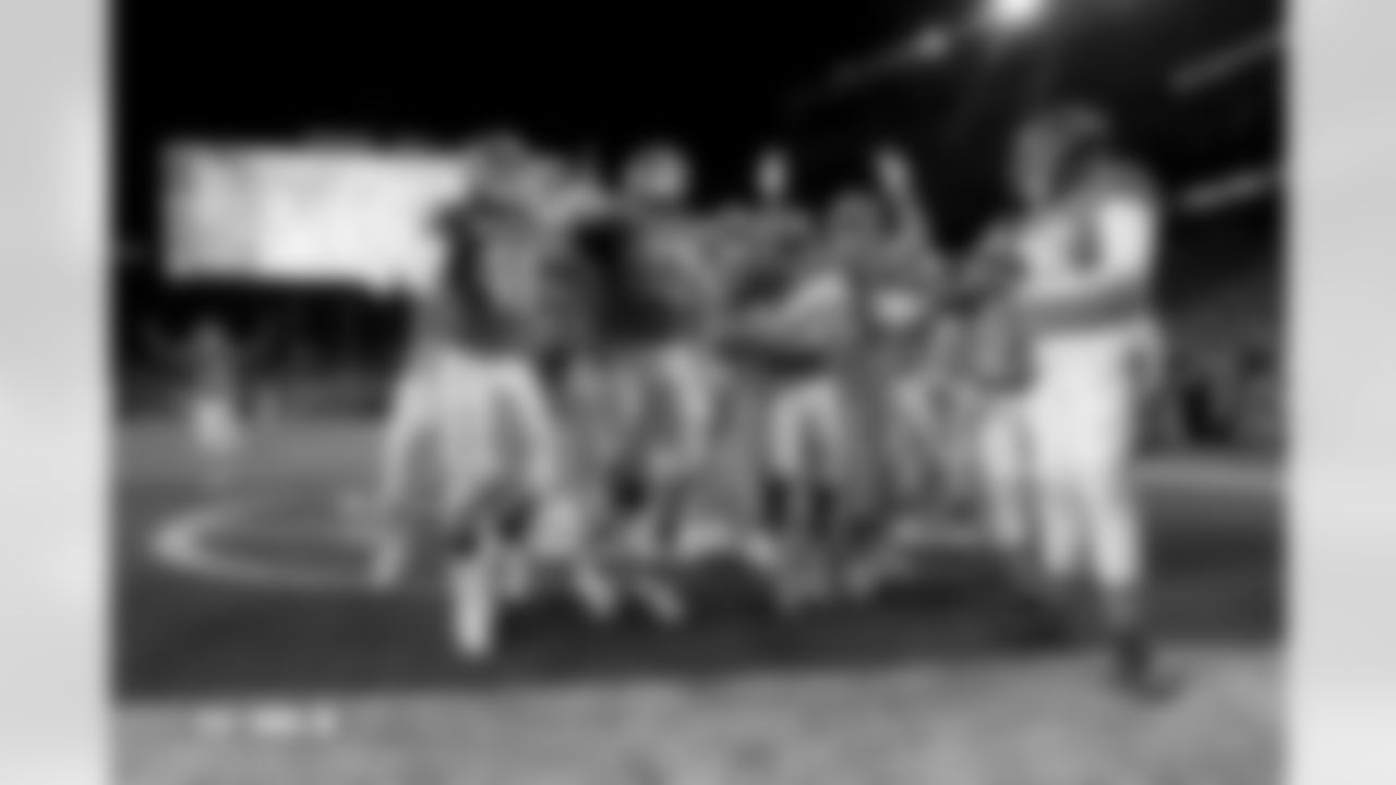 Dondrea Tillman and teammates celebrate his interception before the Broncos' Week 10 game against the Las Vegas Raiders at Empower Field at Mile High in Denver, Colorado on November 6, 2025. Photo by Gabriel Christus / Denver Broncos