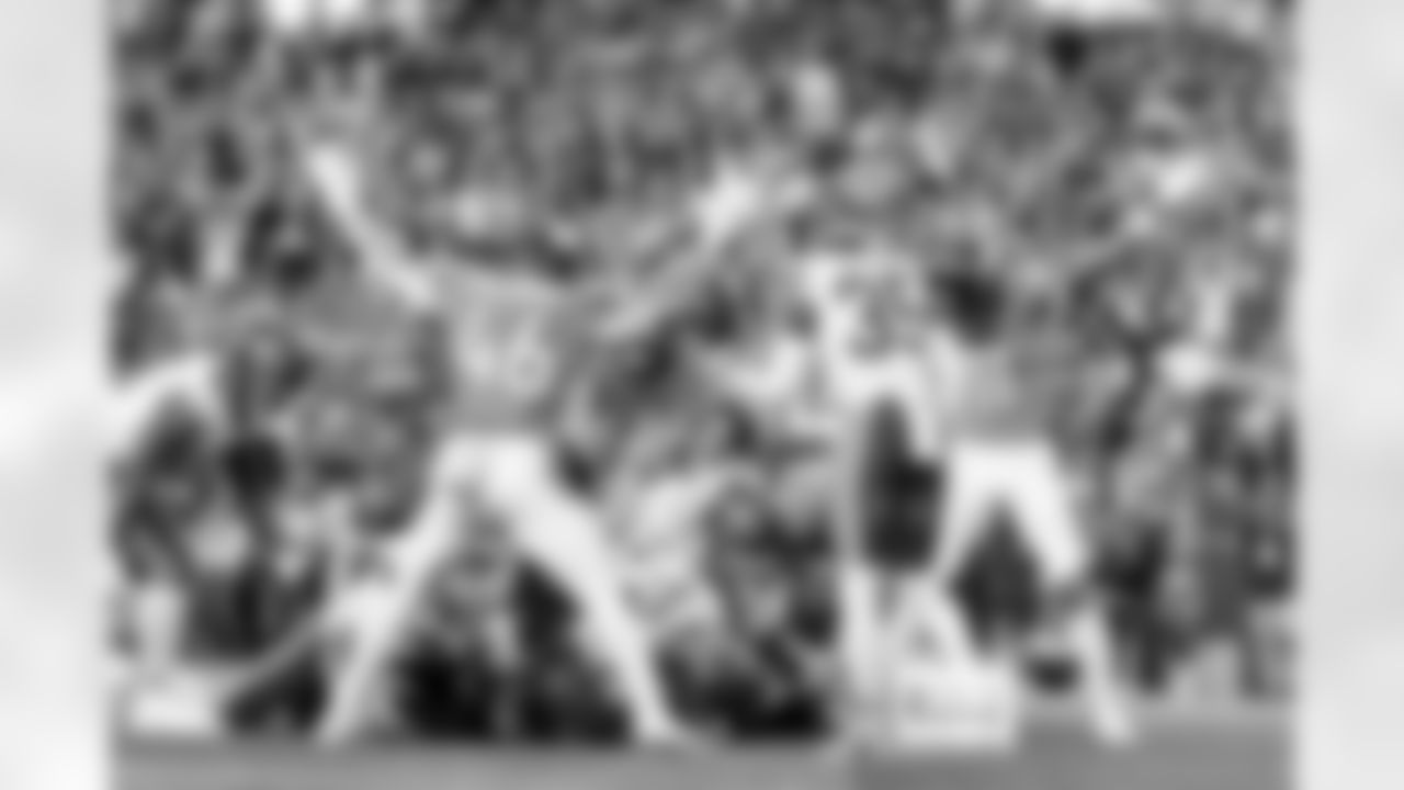 Denver Broncos fullback Adam Prentice (46) and wide receiver Troy Franklin (11) reacts after a running back Jaleel McLaughlin (38) touchdown during the Broncos' Week 11 game against the Kansas City Chiefs at Empower Field at Mile High in Denver, Colorado on November 16, 2025. Photo by Gabriel Christus / Denver Broncos