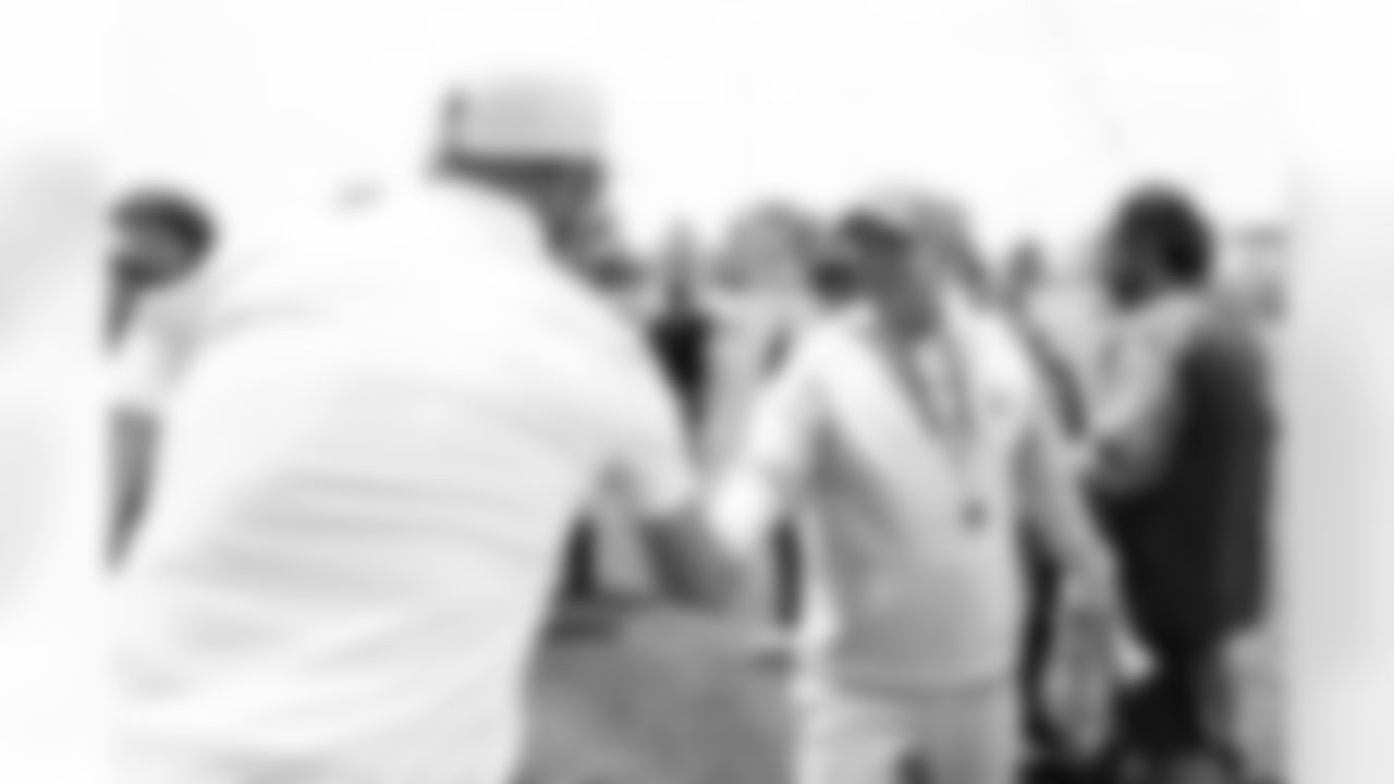 Sean Payton greets high school coaches at an OTA practice at Broncos Park Powered by CommonSpirit in Englewood, Colorado on May 28, 2025. Photo by Ben Swanson / Denver Broncos