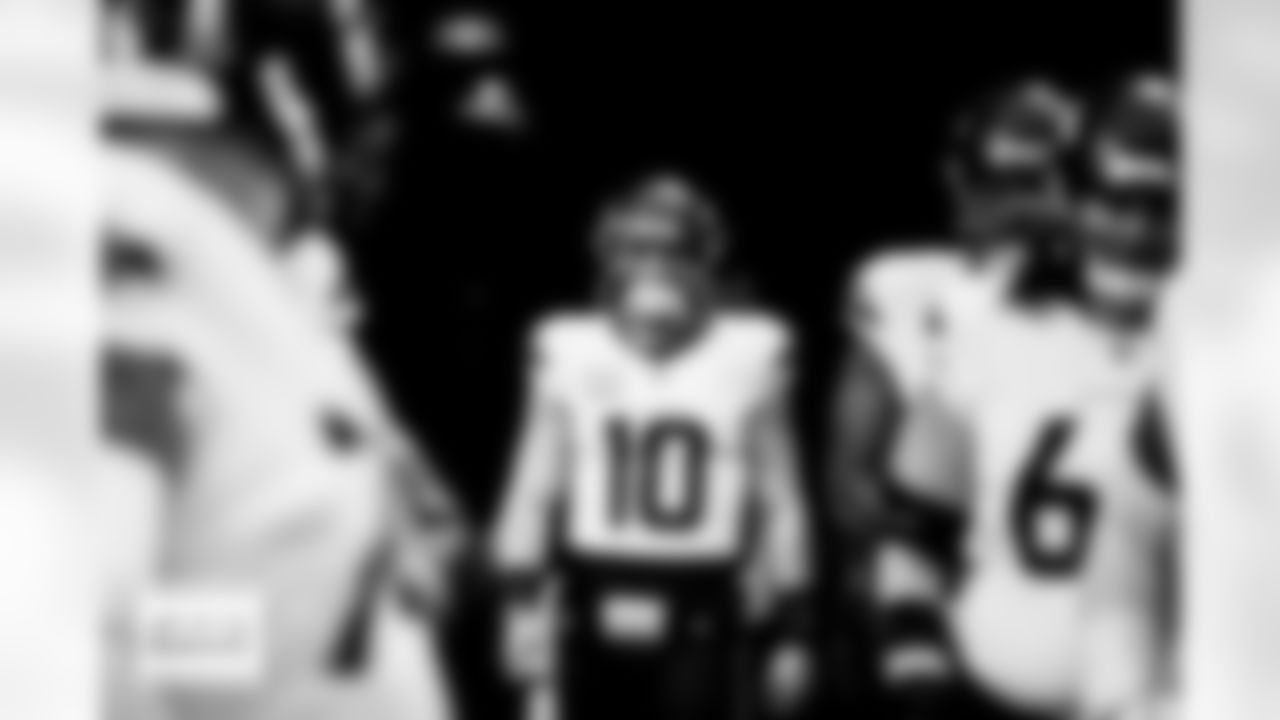 Denver Broncos quarterback Bo Nix (10) walks to the front for team introductions before the Broncos' Week 12 game against the Las Vegas Raiders at Allegiant Stadium in Las Vegas, Nevada on November 24, 2024. Photo by Gabriel Christus / Denver Broncos