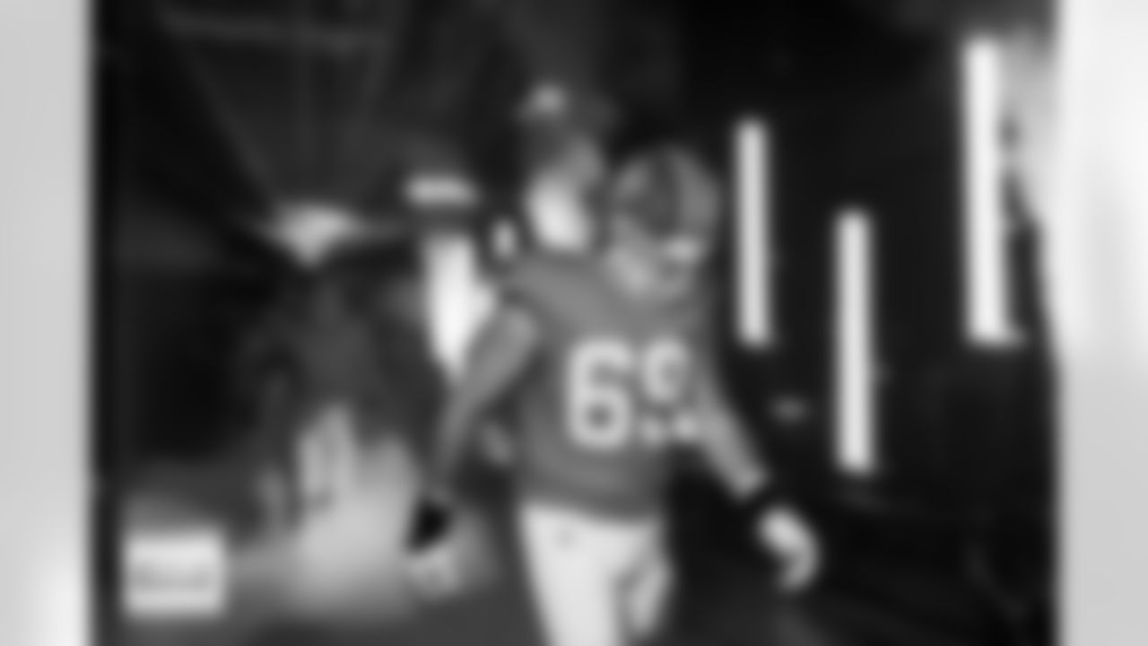 Denver Broncos offensive tackle Mike McGlinchey (69) in the tunnel for player introductions before the Broncos' Week 8 game against the Dallas Cowboys at Empower Field at Mile High in Denver, Colorado on October 26, 2025. Photo by Gabriel Christus / Denver Broncos