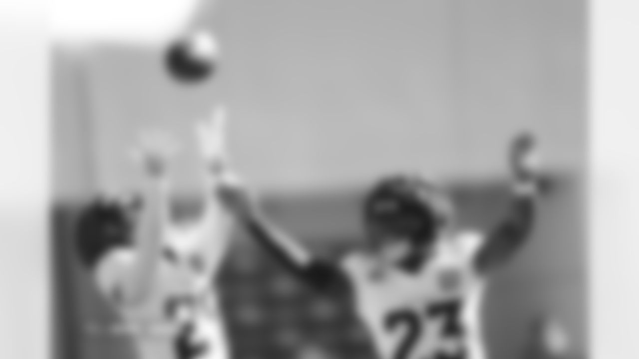 Ja'Quan McMillian and Jahdae Barron during practice at Broncos Park Powered by CommonSpirit in Englewood, Colorado on October 16, 2025. Photo by Gabriel Christus / Denver Broncos