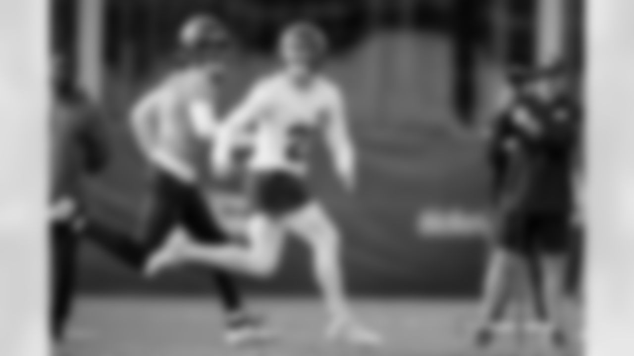 Riley Moss and Troy Franklin during practice at Broncos Park Powered by CommonSpirit in Englewood, Colorado on November 28, 2025. Photo by Gabriel Christus / Denver Broncos