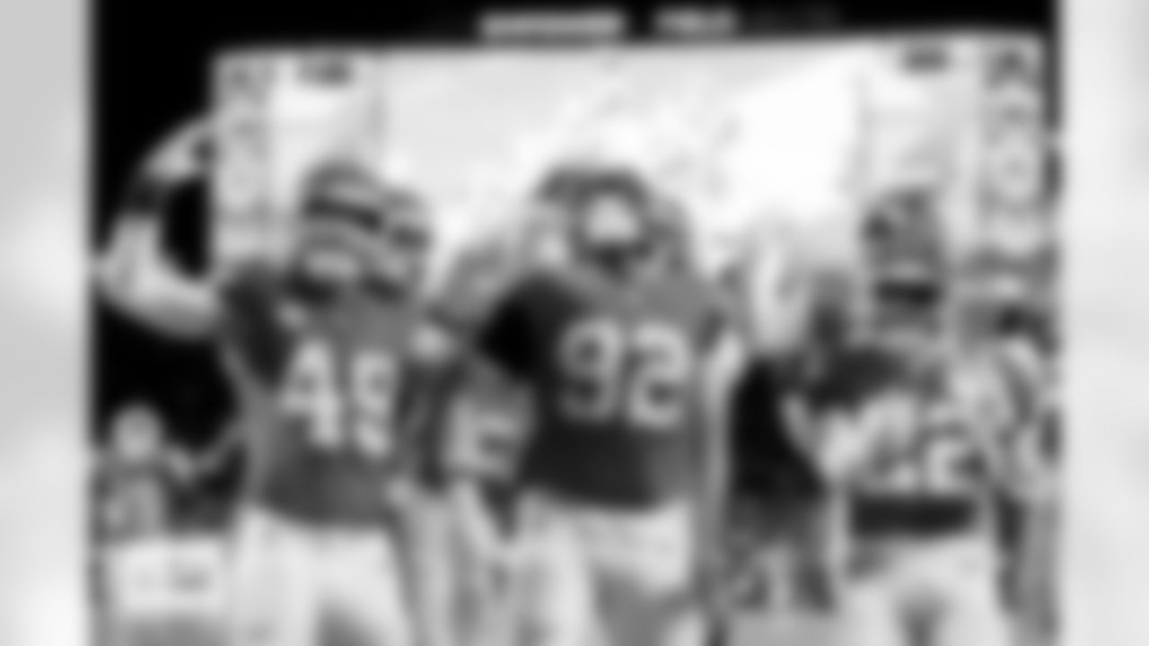 Denver Broncos linebacker Dondrea Tillman (92) celebrates an interception with his defense during the Broncos' Week 10 game against the Las Vegas Raiders at Empower Field at Mile High in Denver, Colorado on November 6, 2025. Photo by Gavin Liddell / Denver Broncos