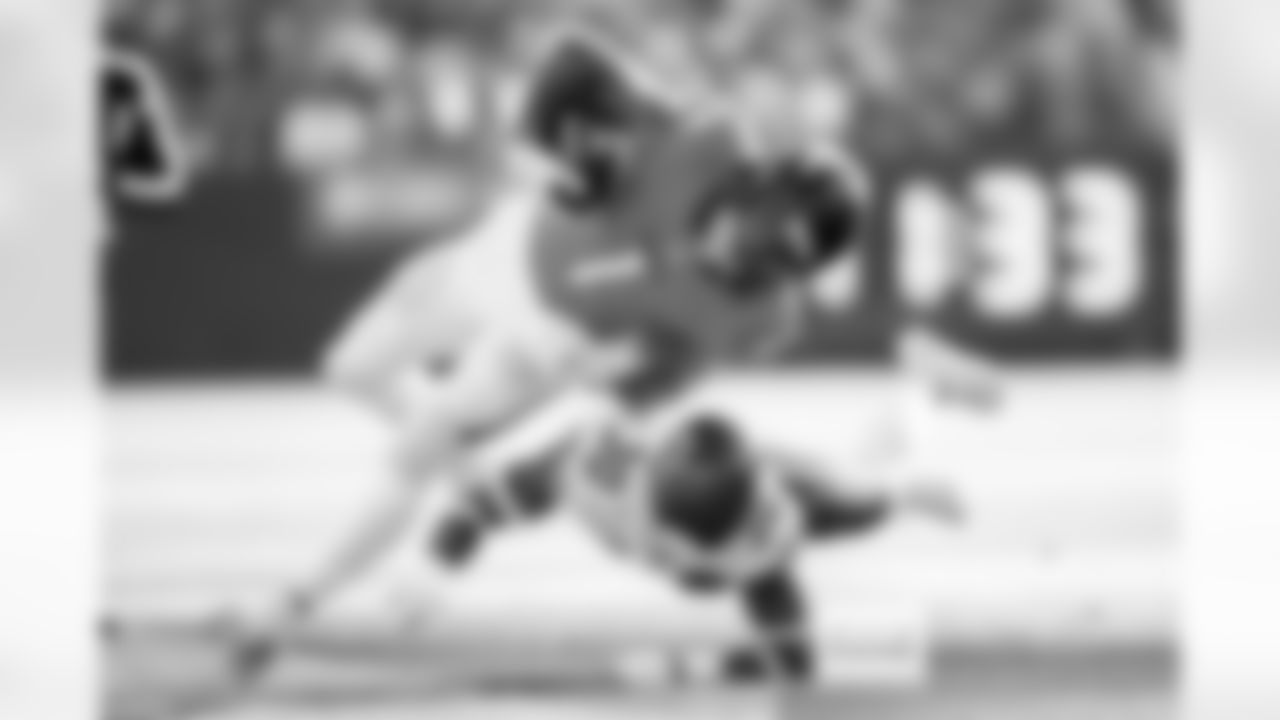 Denver Broncos tight end Evan Engram (1) runs with the ball on a reception during the Broncos' Week 11 game against the Kansas City Chiefs at Empower Field at Mile High in Denver, Colorado on November 16, 2025. Photo by Ben Swanson / Denver Broncos