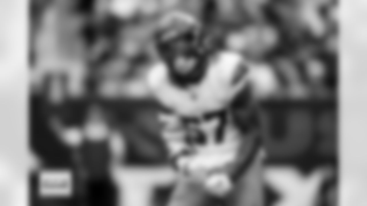 Denver Broncos linebacker Dre Greenlaw (57) reacts after a play during the Broncos' Week 9 game against the Houston Texans at NRG Stadium in Houston, Texas on November 2, 2025. Photo by Ben Swanson / Denver Broncos