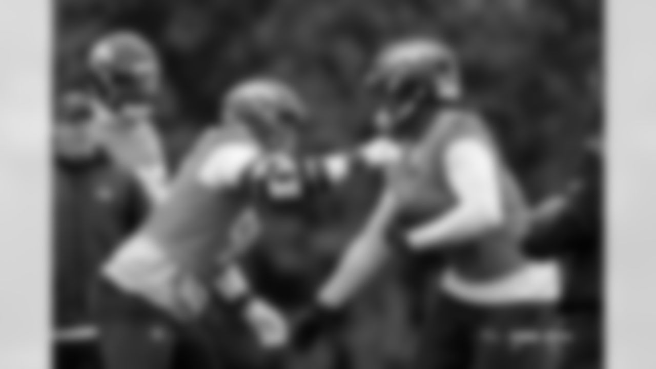 Zach Allen and Sai'vion Jones during practice at Tottenham Hotspur Football Club Training Ground in Enfield, England on October 9, 2025. Photo by Gabriel Christus / Denver Broncos