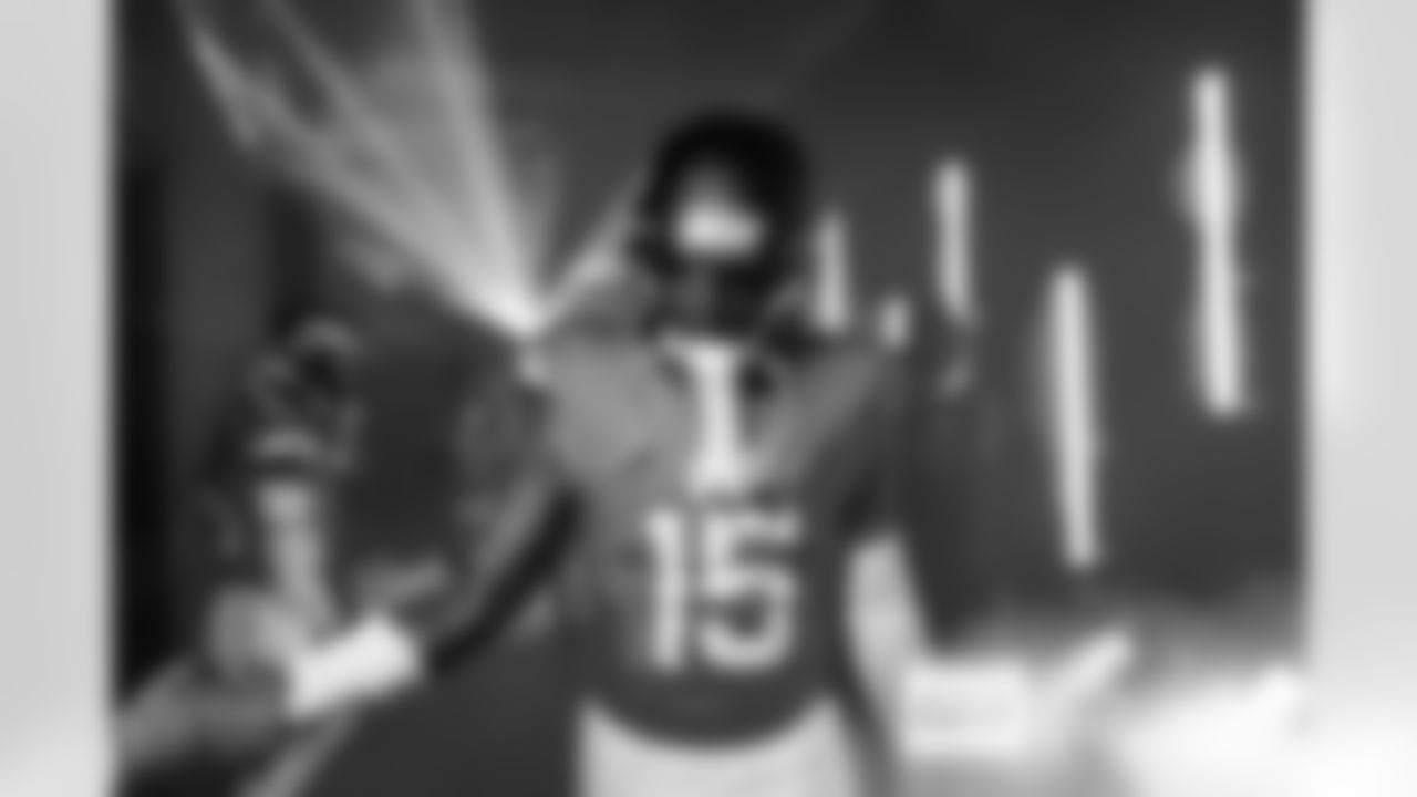 Denver Broncos linebacker Nik Bonitto (15) in the tunnel for team introductions before the Broncos' Week 11 game against the Kansas City Chiefs at Empower Field at Mile High in Denver, Colorado on November 16, 2025. Photo by Gabriel Christus / Denver Broncos