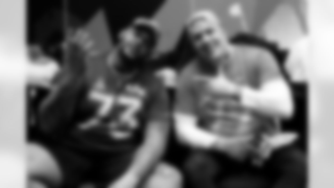 Buffalo Bills offensive tackle Dion Dawkins (73) and Denver Broncos offensive tackle Garett Bolles (72) look on prior to the 2026 Pro Bowl Game on Tuesday, February 3, 2026 in San Francisco, California. (Alika Jenner/NFL)