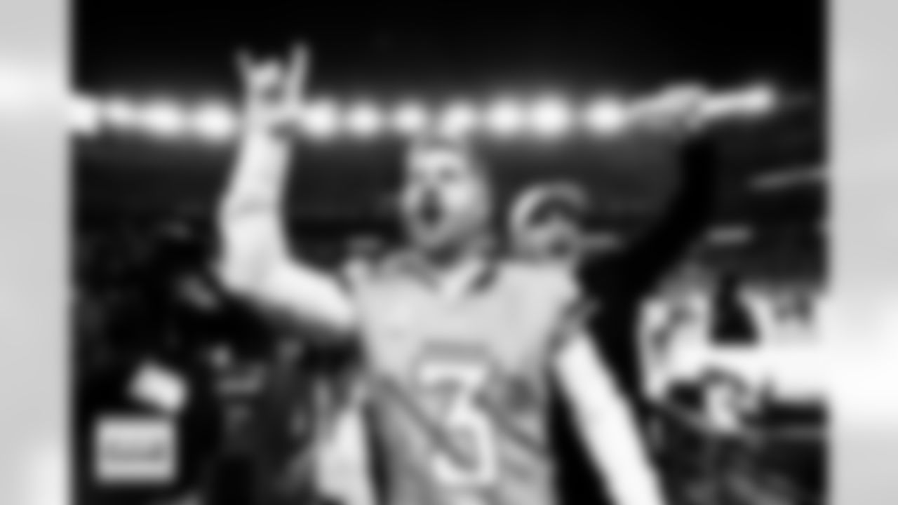 Denver Broncos placekicker Wil Lutz (3) celebrates with Darren Rizzi after the Broncos' Divisional Round playoff game against the Buffalo Bills at Empower Field at Mile High in Denver, Colorado on January 17, 2026. Photo by Ben Swanson / Denver Broncos