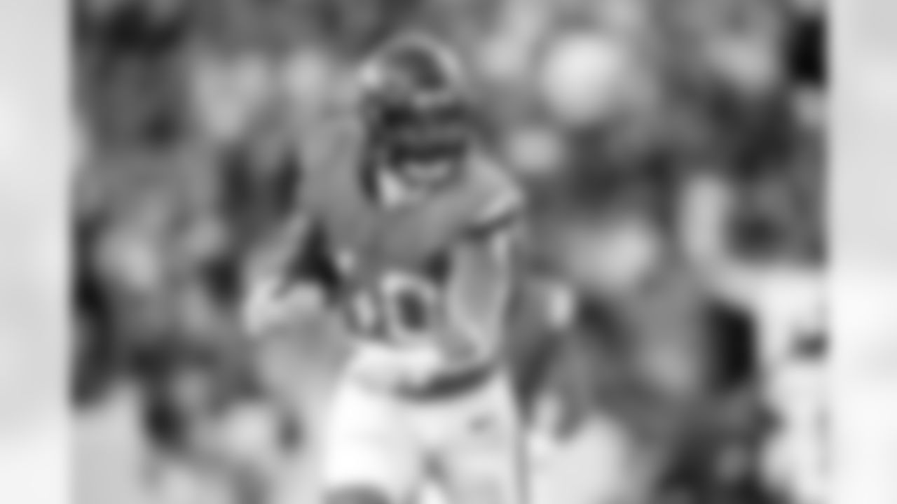 Denver Broncos linebacker Justin Strnad (40) runs after intercepting a pass during the Broncos' Week 7 game against the New York Giants at Empower Field at Mile High in Denver, Colorado on October 19, 2025. Photo by Gavin Liddell / Denver Broncos